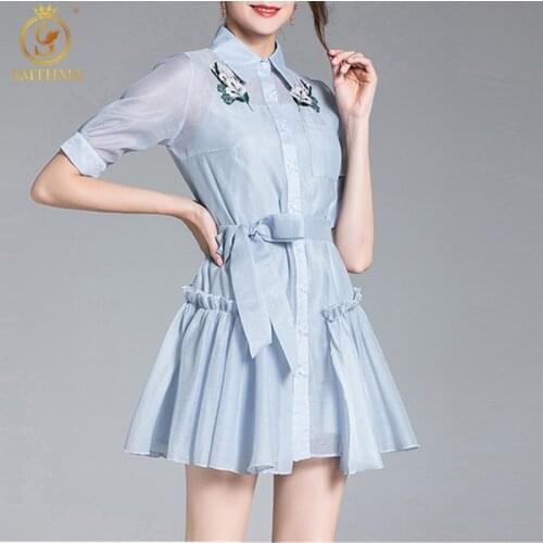 Embroidery Flowers Summer Dress For Women Lapel Short Sleeve High Waist Ruffle Loose Lace Up Mini Dresses Female Fashion Clothes