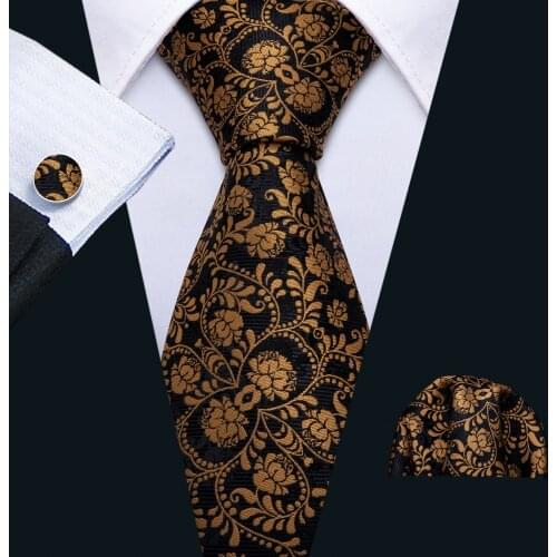 Men Gold Ties Silk Floral Necktie Set Pocket Square Cufflinks Fashion Black Necktie for Business Wedding Tie Barry.Wang FA-5193