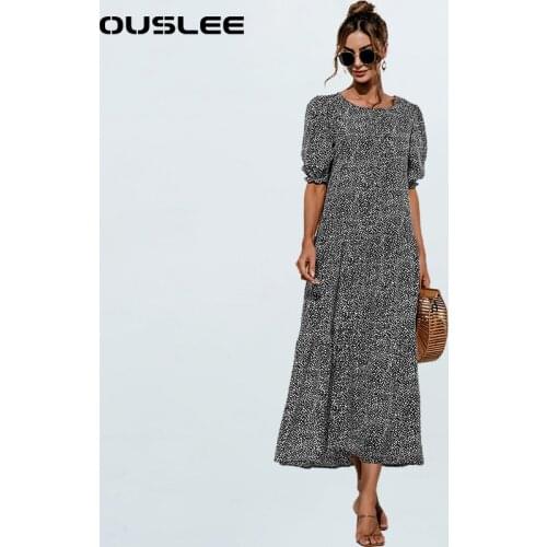 OUSLEE 2021 New Elegant O Neck Plaid Dress Women Puff Sleeve Layered Long Dresses Female Casual Loose Polka Dot Maxi Dress Femme