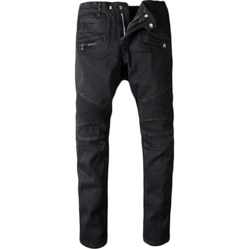 New mens male trousers European American street jeans trendy black stretch slim-fit fold wrinkle motorcycle denim pants 964