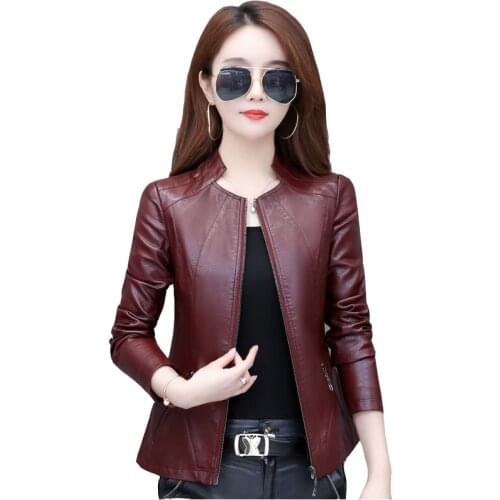 Spring autumn new leather womens short slim slimming plus size stand collar leather small jackets womens clothing overcoat