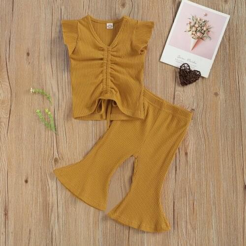 Pudcoco Newborn Baby Girl Clothes Newest Fashion Fly Sleeve Solid Color Ruffle Tops Flared Long Pants 2Pcs Outfits Baby Girl