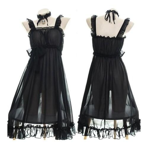 Sexy Women Suspender Dress Homewear Black Ruffle Sleepwear Vintage Gothic Girls Chiffon Nightdress Pajamas With Bell Choker