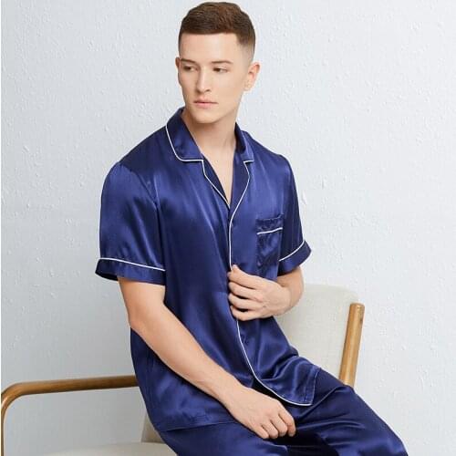 Real Silk pajamas men Summer Spring Autumn 100% silk Short-sleeved suit comfortable home service natural Silk pajama set for