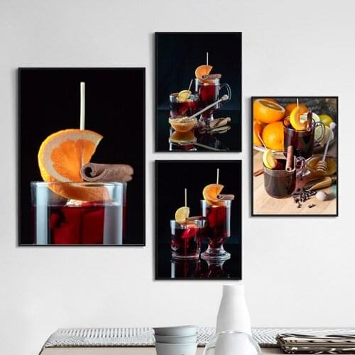 Orange Fruits Red Wine Cocktail Nordic Posters Modern Art Wall Pictures On Canvas Painting for Kitchen Room Home Decoration