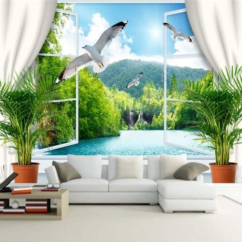 Custom 3D Photo Wallpaper Window Seagull Waterfall Landscape TV Background Wall Mural Painting Living Room Sofa Papel De Parede