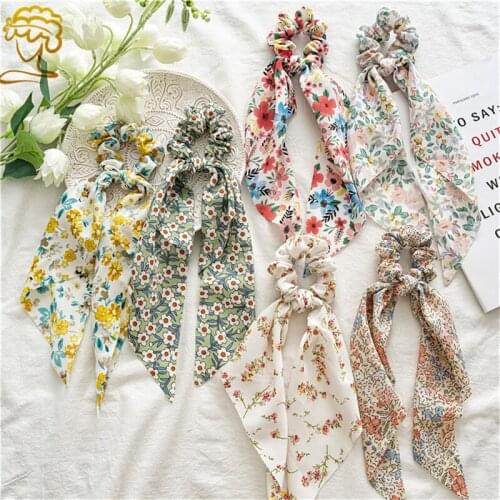 1 pc Spring Summer Bohemian Women Girls Printted Scrunchies Ribbon Elastic Hairband Fashion Elegant Cross Boho Hair Accessories