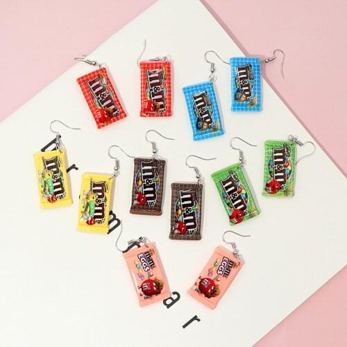Cute rainbow m candy chocolate square hoop earrings for women pendant statement earrings fashion Jewelry accessories for girls