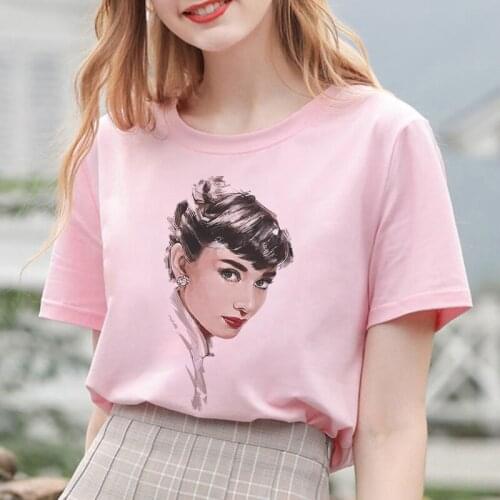 Audrey Hepburn Graphic Print T-shirt Women 2021 Summer Casual Streetwear Top Tshirt New Harajuku Aesthetic Pink Female T Shirt