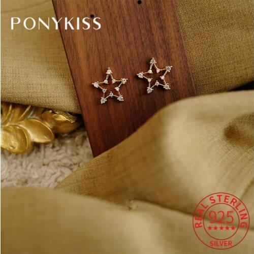 PONYKISS Real 925 Sterling Silver Five-Pointed Star Zircon 14K Gold Stud Earrings For Women Romantic Fine Jewlry Drop Shipping