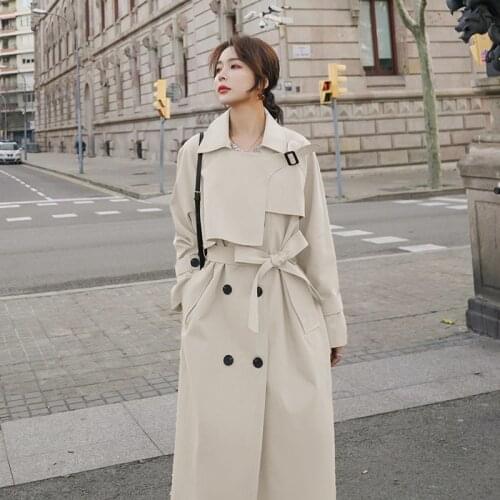 Top women casual solid color double breasted outwear fashion sashes office coat chic long trench