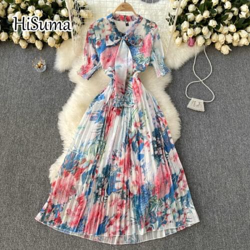 2021 summer new women Retro print lace-up bow puff sleeve chiffon A-line dress female Chic elegant waist pleating party dresses