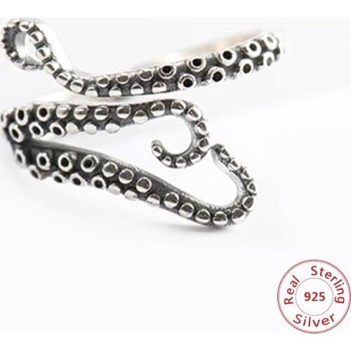Fashion Women Ring Punk Style Resizable 925 Sterling Silver Unique Unisex Octopus Devilfish Rings Vintage Lady Jewelry