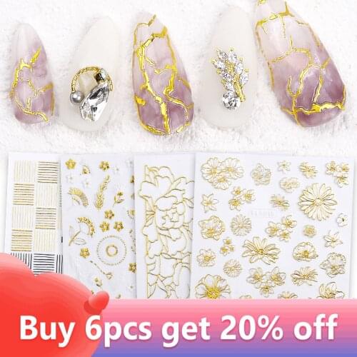 1pcs Gold Bronzing 3D Nail Sticker Flower Wave Line Designs Adhesive Metallic Stickers Charm Nail Art Decal Manicure Decorations