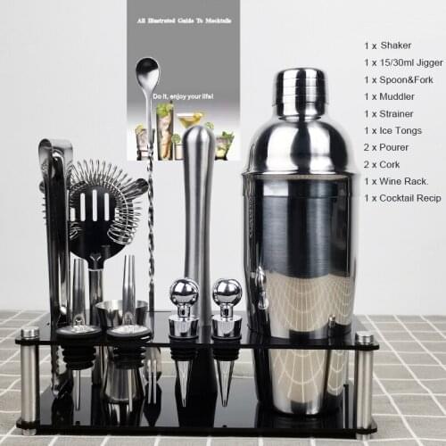 12-13Pcs/Set Stainless Steel Boston Cocktail Shaker Barware Set Drink Mixer 450/550/600/750ML Bar Tool With Rack Recipe