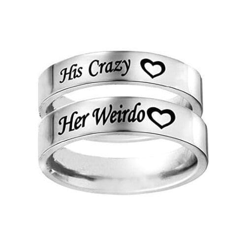 2pcs/set His Crazy Her Weirdo Ring Set Love Heart Couple Rings Jewelry Titanium Steel Band Ring Gift For Lovers Best Friend, BFF
