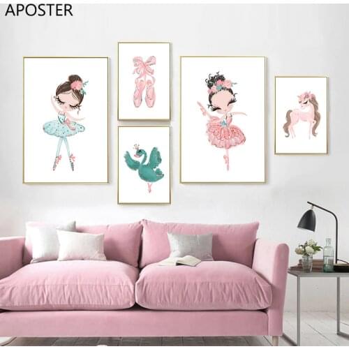 Ballet Princess Nursery Nordic Poster Unicorn Wall Art Canvas Painting Swan Wall Pictures prints For Children Kids Room Decor