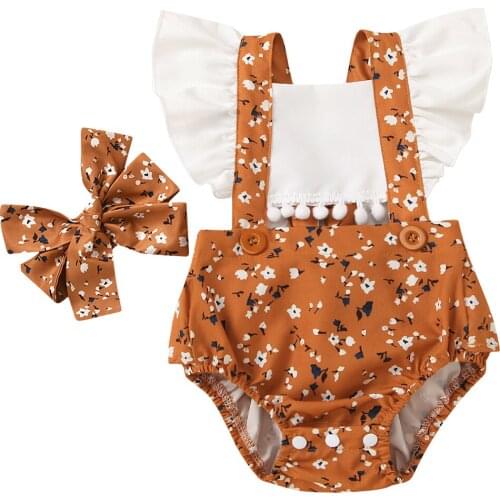 0-24M Newborn Baby Girls Bodysuits Headband Sunflowers Print Ruffles Fly Sleeve Jumpsuits 2pcs