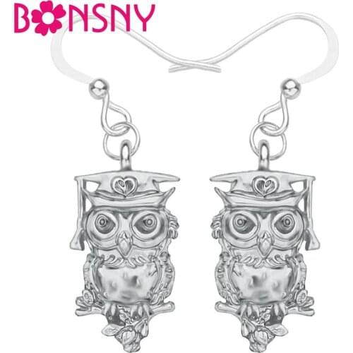 Bonsny Alloy Antique Sliver Plated Cartoon Owl Earrings Long Cute Animal Dangle Drop Jewelry For Girl Kid Trendy Gift Decoration