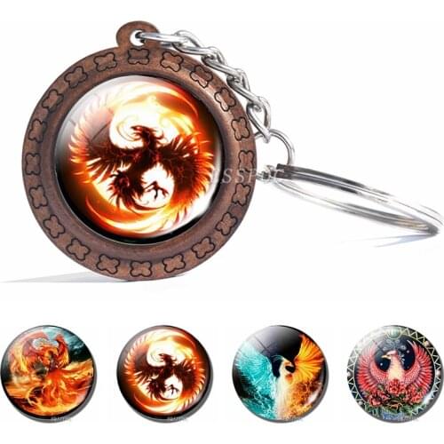 Ice and Fire Phoenix Keychain Fashion Phoenix Photo Glass Cabochon Wooden Keyring Bag Pendant Keys Holder Handmade Gift