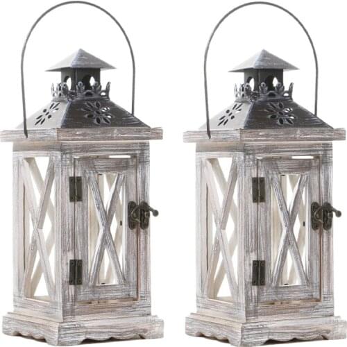 2 Pack Decorative Lantern Candle Holder Wooden Rustic Style for Table Top Mantle Wall Hanging Decor Indoor Outdoor Use