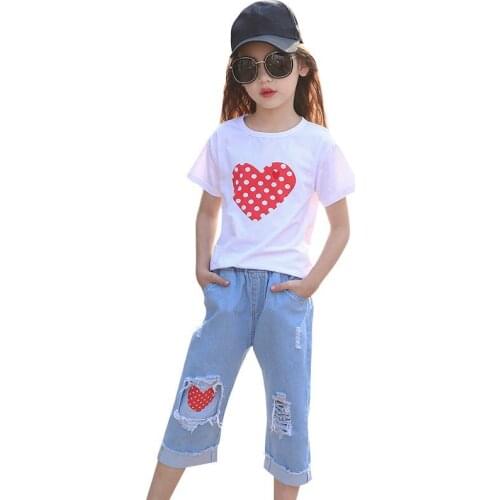 Girl Clothes Set Summer Clothes for Girl Short Sleeve Print Heart + Ripped Jeans Shorts Children Outfits Size 6 8 10 12 Years