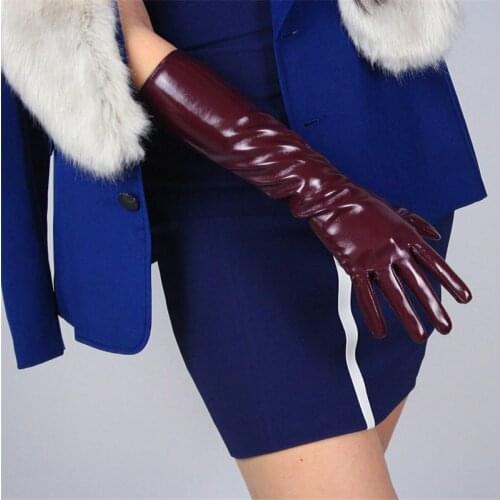 40cm Patent Leather Gloves Long Section PU Emulation Leather Warm Bright Leather Mirror Bright Wine Red Dark Red Female WPU95