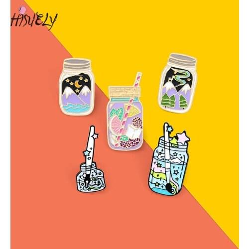 Fashion Ink Bottle Brooch Colorful Creative Cartoon Fruit Tea Drink Peak Bottle Brooch Dripping Enamel Cup Brooch