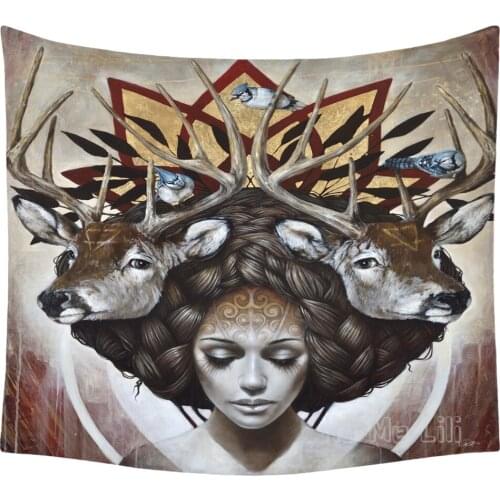 Illustration Art Woman Moose Painted Tapestry Interior Wall Hanging Decoration
