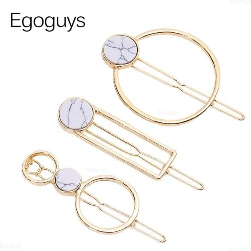 Elegant Natural Stone Marbling Hair Clips Geometric Circle Square Hairpins Women Girls Barrettes Retro Metal Hair Styling Tools