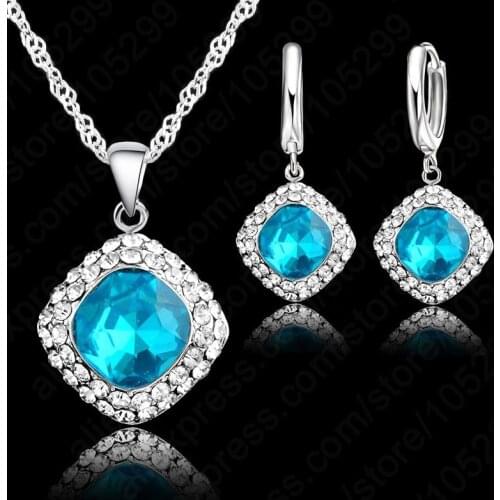 Women Square Blue Crystal 925 Sterling Silver Jewelry Sets For Wedding Engagement Accessory Pendant NecklaceEarring Set