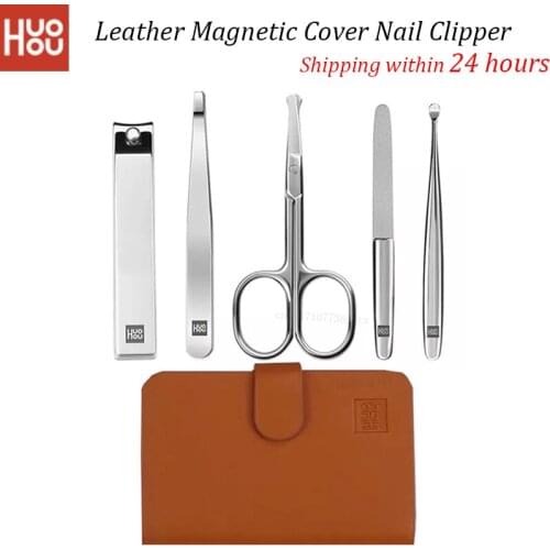 Huohou Manicure Nail Clippers Nose Hair Trimmer Portable Travel Leather Magnetic Cover Kit Stainless Steel Nail Cutter Tool Set