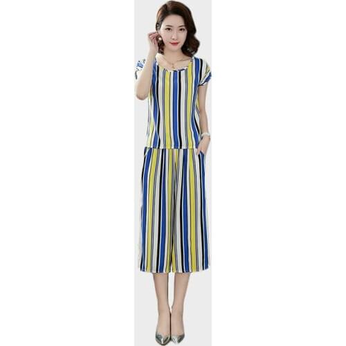 Fashionable female clothing Lady clothes set stripe summer 2 piece set Middle age clothing printing T-shirt + Wide leg pants 72