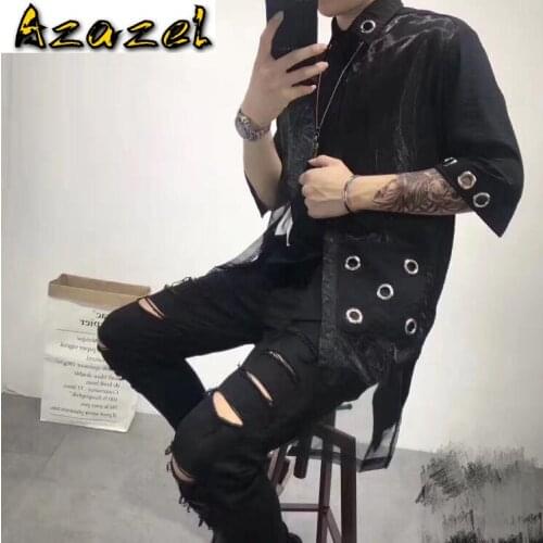 Summer new Tide clothes Men Fake Two-piece Mid Sleeve Shirt Hoop Decorative Stitching male Fashion jackets Long Shirt Outerwear