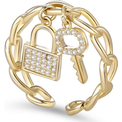 2021 New Simple Gold Silver Color Link Chain Key Lock Rings for Women Men Best Gift CZ Ring for Finger Fashion Jewelry Accessory