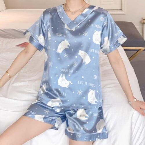 FINETOO New Summer M-2XL V-Neck Pyjama Set for Women Ladies Lovely Cartoon Print Sleepwear Female Fashion Short Sleeve Home Suit