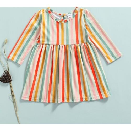 Stripe/Fruit Print Long Sleeve Dress Baby Kid Girls Toddler Casual A-line Dress Baby Girls Round Neck Boho Beach Vestidos
