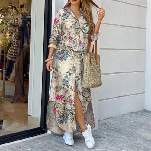 Autumn Long Dress Women Long Sleeve Lapel Button Up Cotton Print Shirt Dress Irregular maxi dresses For women Vestidos de Mujer
