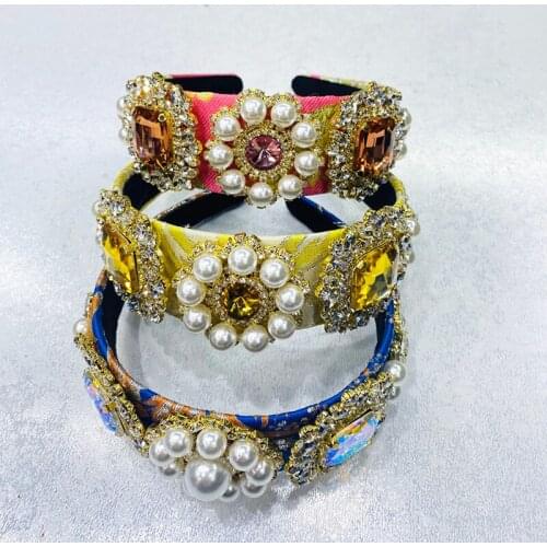 Round Pearl Crystals Rhinestones and Headband for Women Wide Elastic Hair Bands Baroque Tiara Hair Accessories Headband