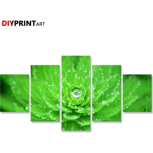 Nature Green Leaves Closeup Water Drops 5 Panel Wall Decor Painting Livingroom Home Decoration A2273