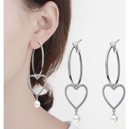 925 Sterling Silver Hollow Round Circles Heart Drop EarringsZircon Pearl Earring For Women Jewelry Wholesale S-E445