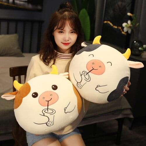 Cute Cow Cattle Plush Toy Kawaii Bubble Tea Plushies Soft Pillow with Blanket Stuffed Hand Warmer Cushion Gift for Girlfriend