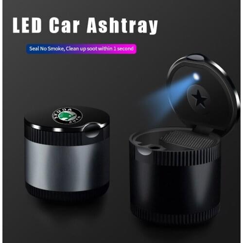 Car LED Ashtray for Skoda Logo Octavia Rapid Kodiaq Fabia 2 A7 Tour RS Superb Kamiq Yeti Auto Cigarette Holder Box Accessories