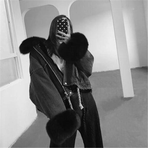 2020 new Removable Winter Jacket Women Cuffs Rabbit Fur Lining Warm Loose Outerwear Real Fox Fur Collar Denim Parka Streetwear