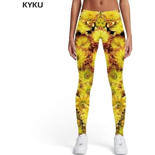 KYKU Brand Flower Leggings Women Yellow Sexy Cartoon 3d Print Gothic Elastic Harajuku Leggins Womens Leggings Pants Fitness