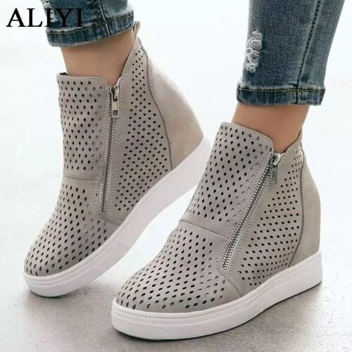 New Wedge Shoes Women 2021 Summer Hollow Out Ladies Pointed Toe Zipper Breathable Casual Shoes Home Outdoor Comfy Loafers