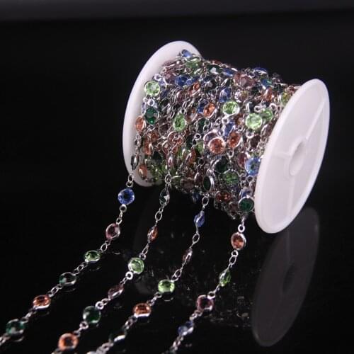 5Meter Multi-color Crystal Glass bead&Coin Round Beads Plating Silver Chain, Wrapped Rosary Chain Jewelry Findings 6mm