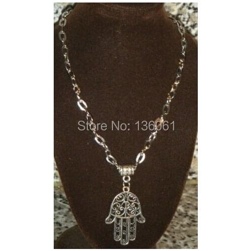 10PCS Vintage Silvers Khamsa Hand Of Fatima Charms Chain Necklace Pendants For Women Clothing Brand Jewelry Accessories P2293