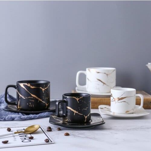 Marbling Matte Gold Products Series Japanese Style Black And White Cup And Saucer Case Tea Cup Glass Coffee Cup
