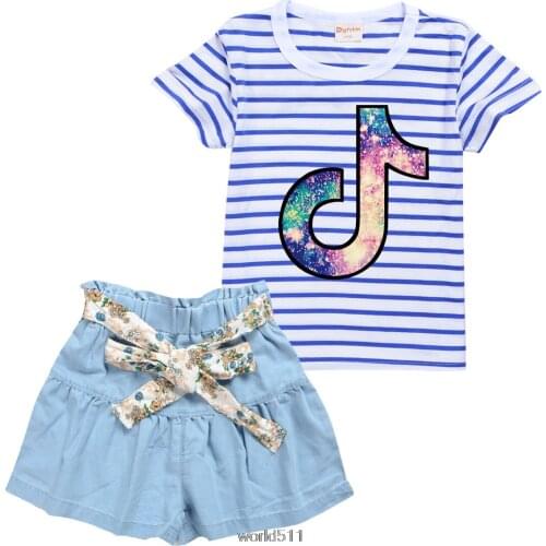 Kids Tik Tok t shirt 2021 Baby Girls Casual Girls Sets Short Sleeve + Denim Skirt Pants Kids Clothes T-Shirt Sets